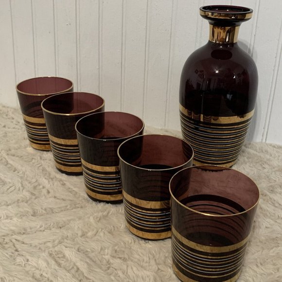 Vintage Bohemian Czech Glass Borske Sklo Amethyst Decanter & 5 Tumbler Glasses - Picture 2 of 15